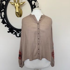 Black Swan Bohemian Button-Up Blouse with Embroidered Sleeves